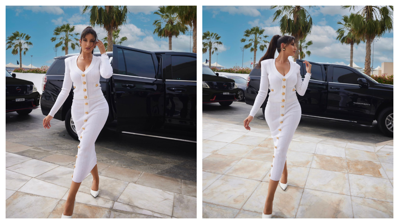 Nora Fatehi exudes beauty in a classy white Balmain knit cardigan and pencil  skirt; Know how much it all costs | PINKVILLA