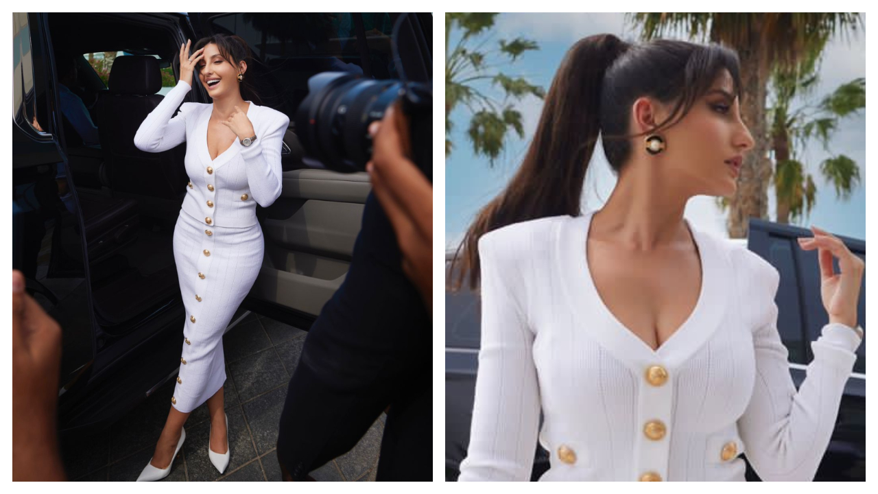 Nora Fatehi exudes beauty in a classy white Balmain knit cardigan and pencil  skirt; Know how much it all costs | PINKVILLA