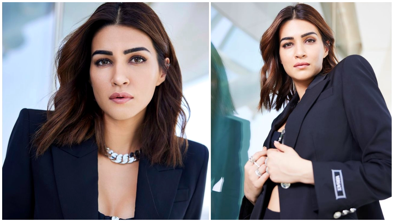 Kriti Sanon trong chiếc quần Versace màu đen sang trọng được tạo kiểu với đôi giày cao gót của Jimmy Choo hét lên 'bà chủ'