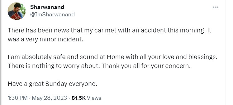 Sharwanand gặp tai nạn giao thông 