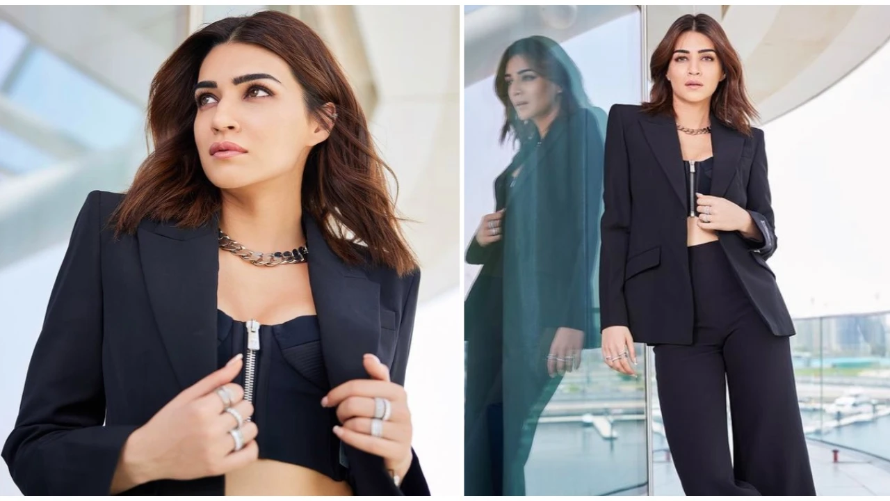Kriti Sanon in a classy black Versace pantsuit styled with Jimmy Choo pumps screams ‘boss lady’ Kriti Sanon, Bollywood, pantsuits, power dressing, celebrity style, fashion