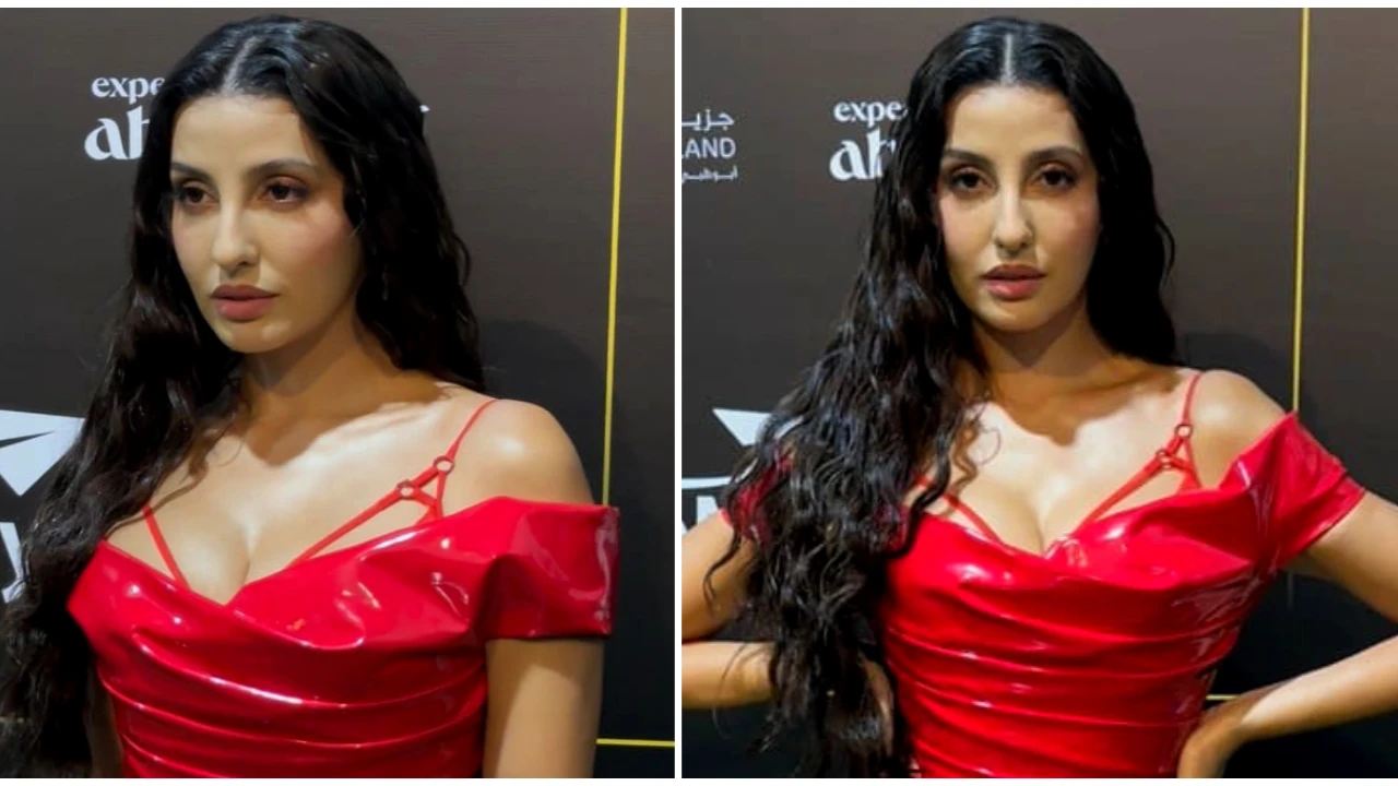 Nora Fatehi in a bold red Nicolas Jebran latex gown puts the word party on our  minds | PINKVILLA