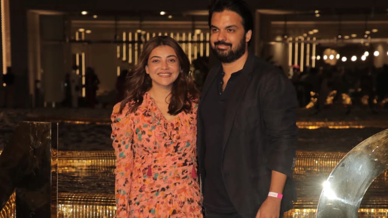 Kajal Aggarwal poses with her husband Gautam Kitchlu at Nita Mukesh Ambani Cultural Centre
