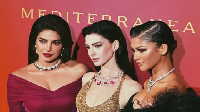 Priyanka Chopra, Anne Hathaway and Zendaya pose at Bulgari's event (Twitter) Priyanka Chopra Anne Hathaway Zendaya Bulgari Venice Italy