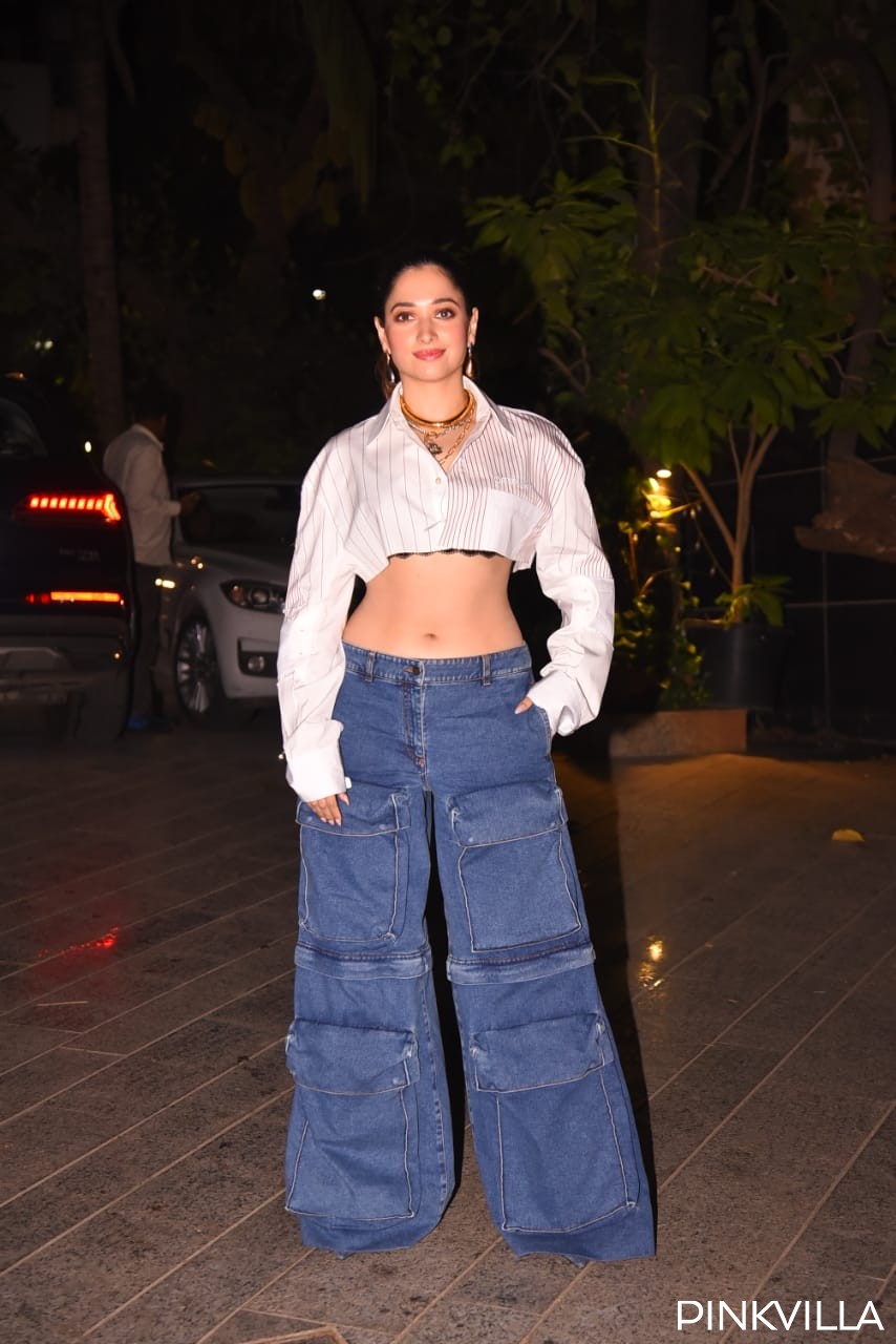Tamannaah Bhatia kết hợp áo crop top Off-White với quần jean Giuseppe di Morabito