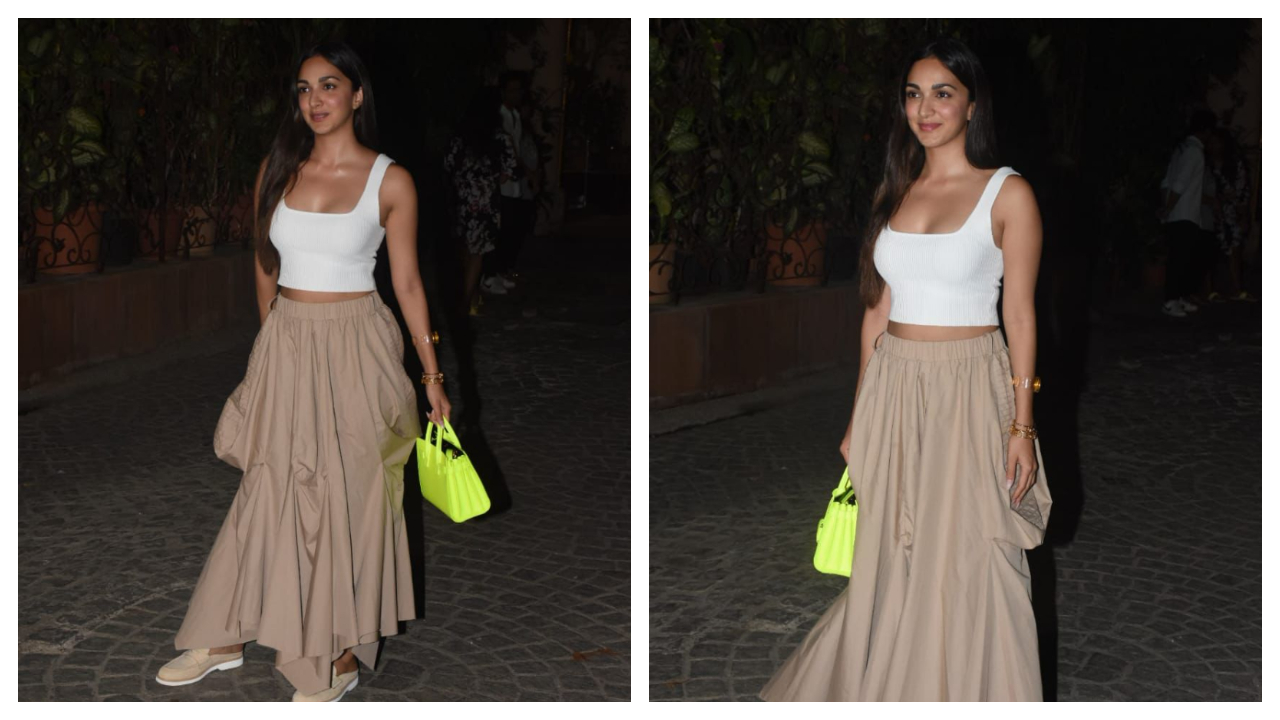 Kiara Advani diện trang phục màu be trắng sang trọng với chiếc túi xách màu neon dễ thương
