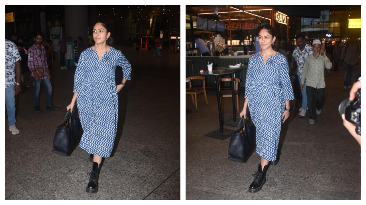 Mrunal Thakur đã nâng tầm diện mạo sân bay kurta in hình của mình bằng một chiếc túi Louis Vuitton sành điệu trị giá hơn 2 lakh Rs