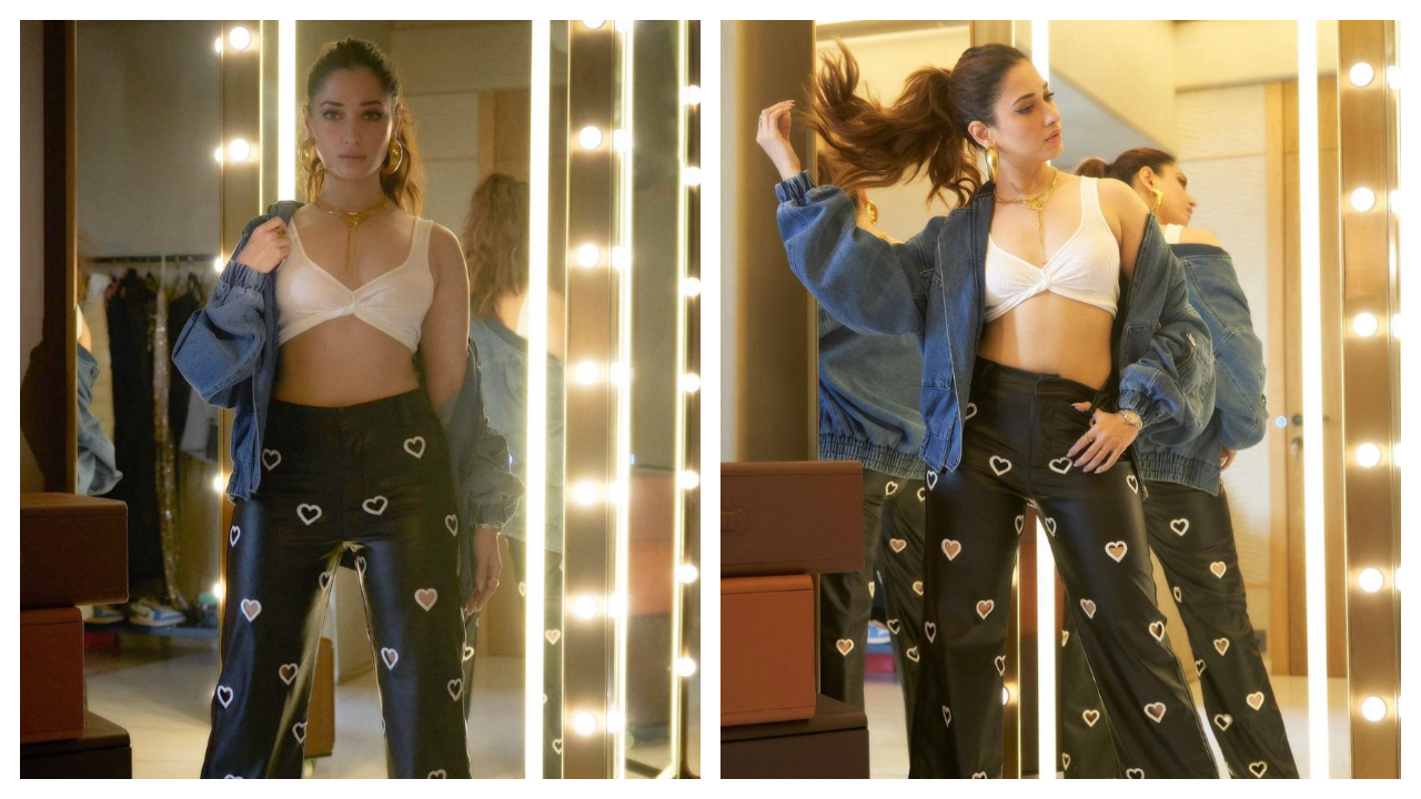 Tamannaah Bhatia khoe vẻ sành điệu với áo bralette trắng và quần jean họa tiết