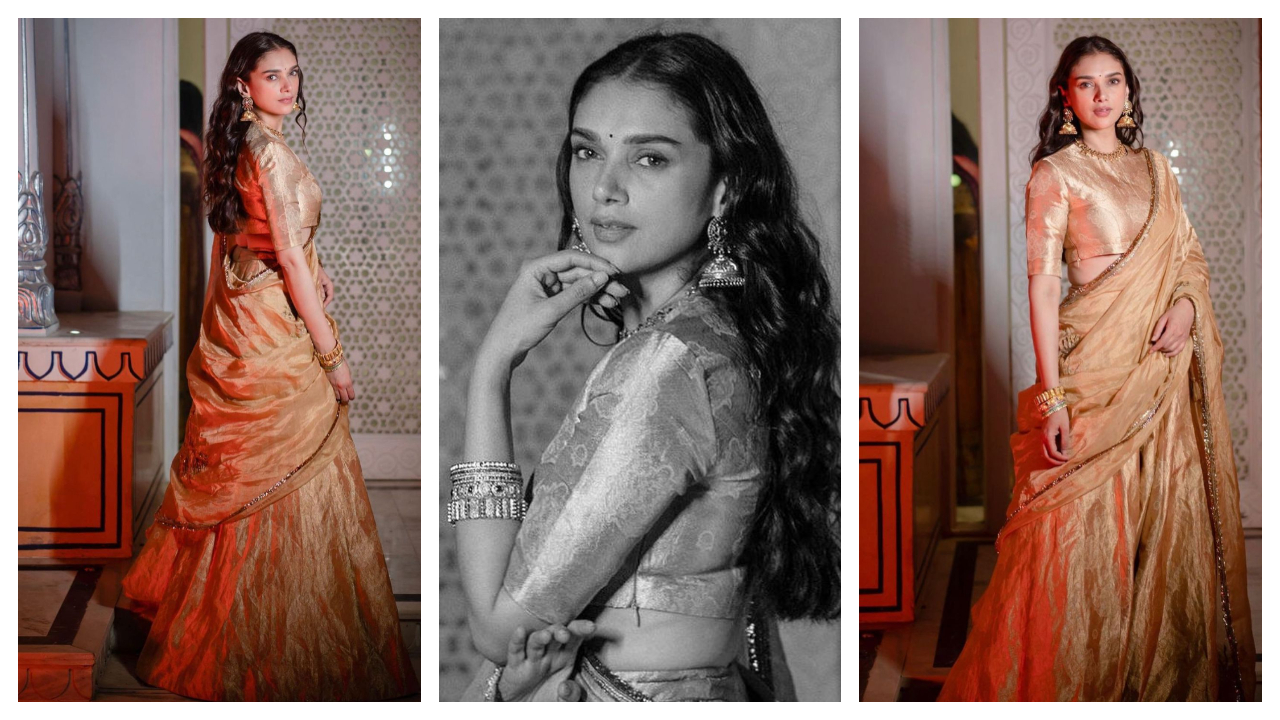 Aditi Rao Hydari tỏa sáng như vàng nóng chảy trong chiếc lehenga lụa lộng lẫy của cô bởi Raw Mango