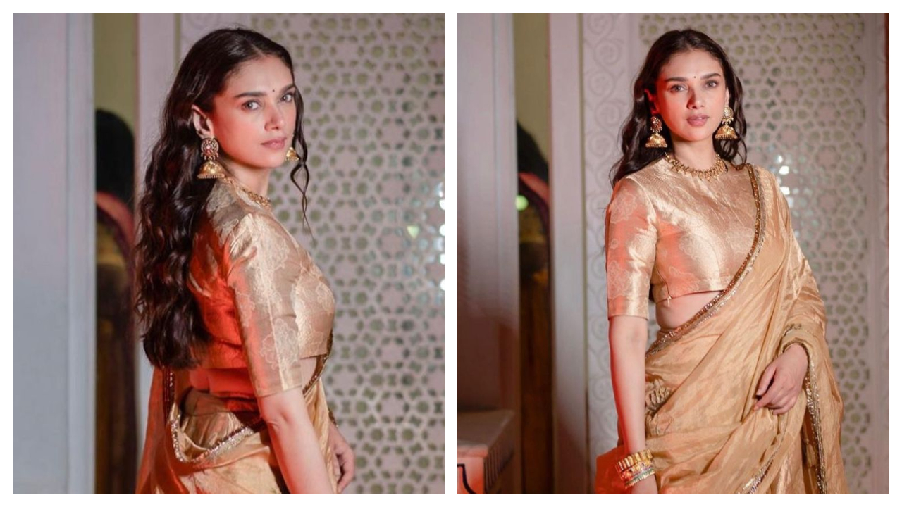 Aditi Rao Hydari tỏa sáng như vàng nóng chảy trong chiếc lehenga lụa lộng lẫy của cô bởi Raw Mango