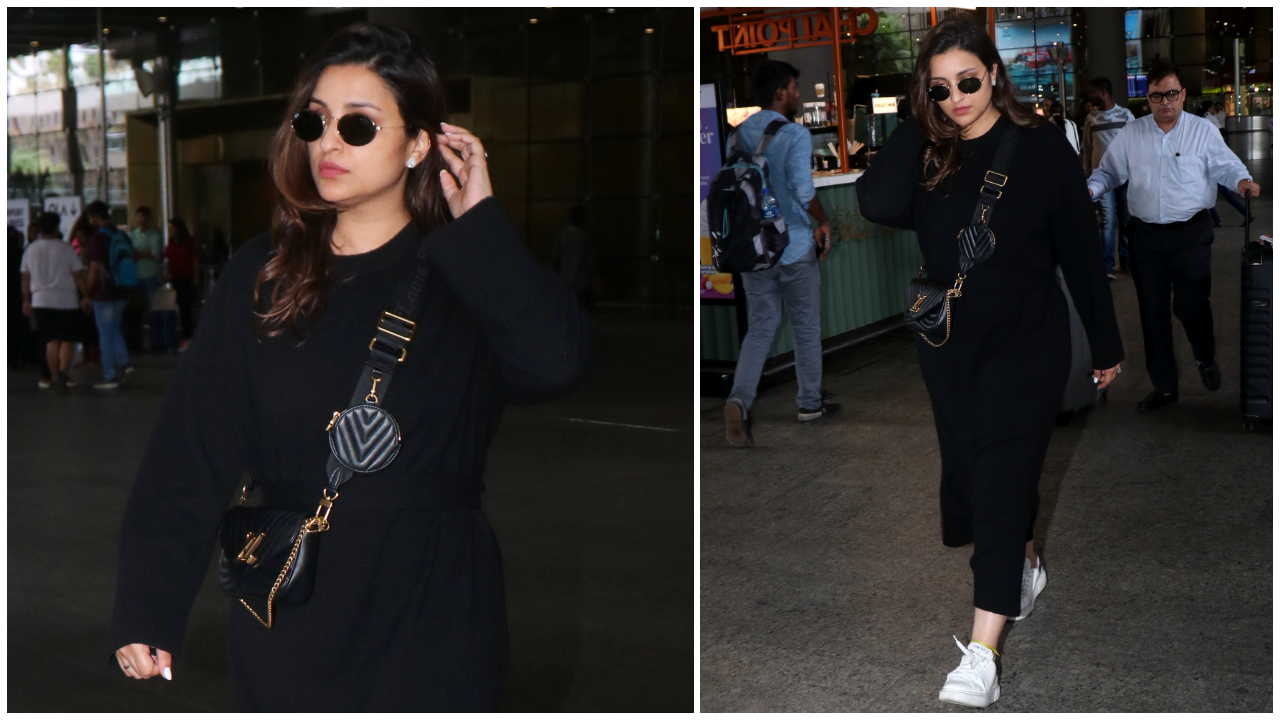 Parineeti Chopra làm nổi bật bộ trang phục toàn màu đen của mình bằng chiếc túi Louis Vuitton Multi-Pochette trị giá 1,88 Rs lakh