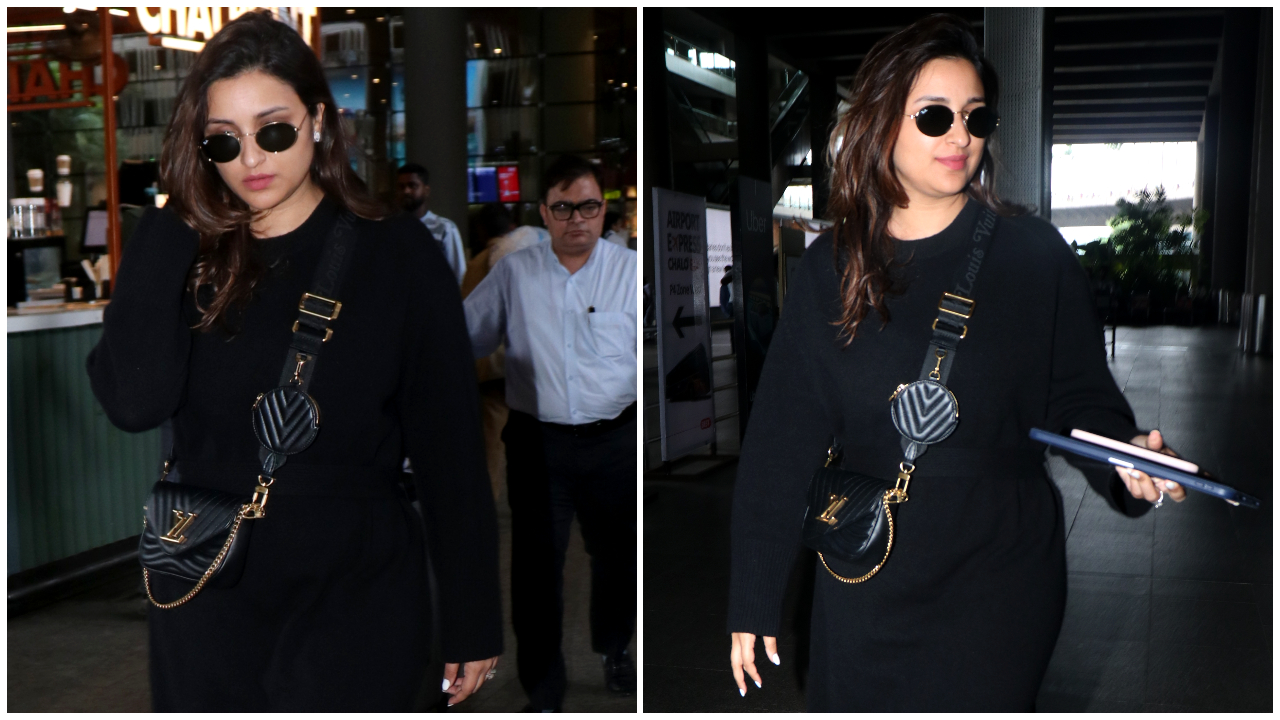 Parineeti Chopra làm nổi bật bộ trang phục toàn màu đen của mình bằng chiếc túi Louis Vuitton Multi-Pochette trị giá 1,88 Rs lakh