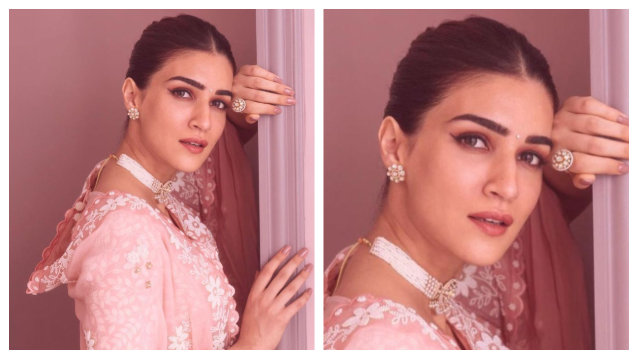 Kriti Sanon trông thật kỳ diệu trong chiếc lehenga màu hồng nhạt được thiết kế bởi Nachiket Barve
