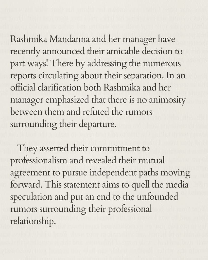 Rashmika Mandanna đã đưa ra một tuyên bố về người quản lý của mình