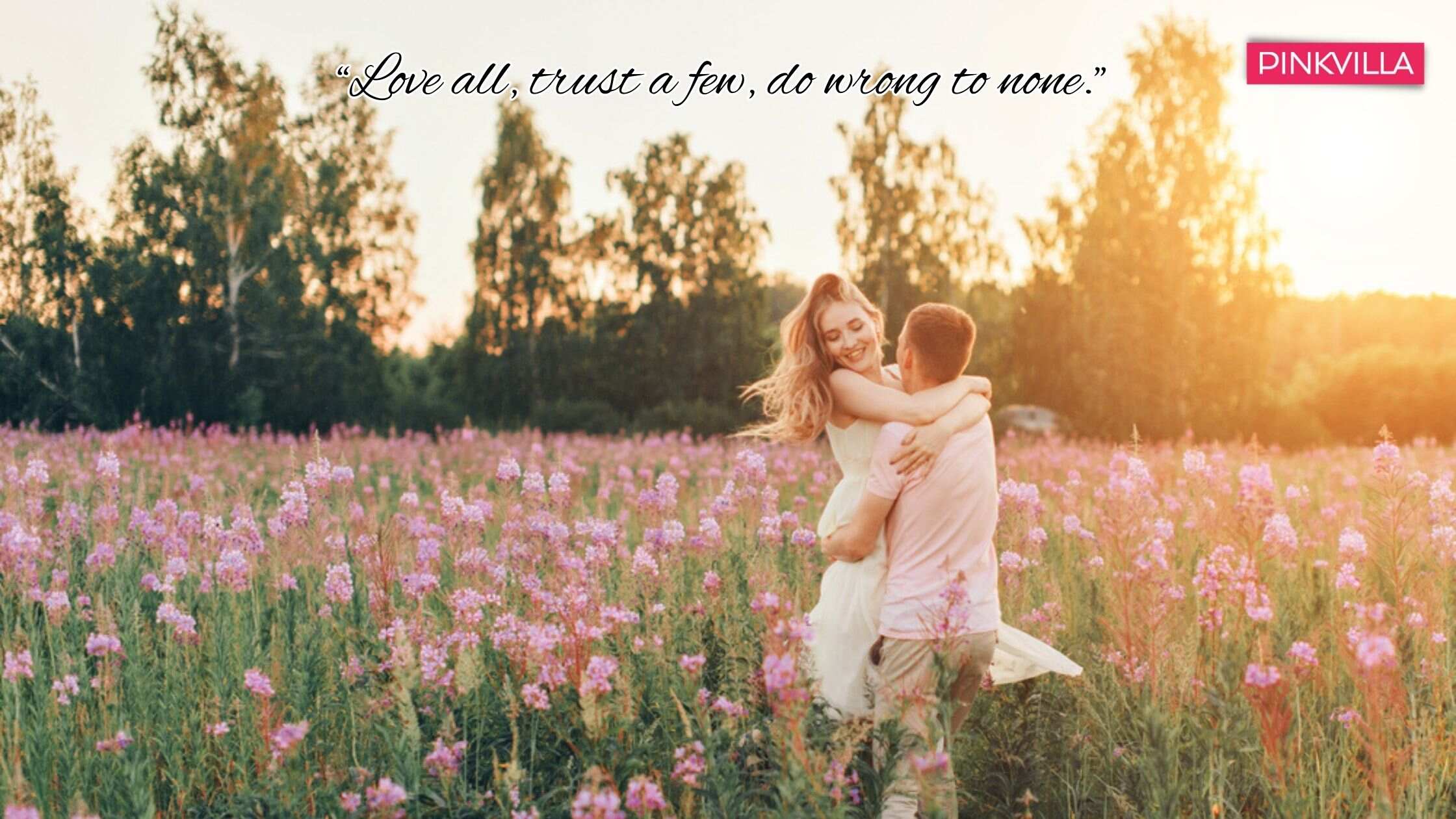 A couple in love through a flower meadow imagining themselves in a bedtime story