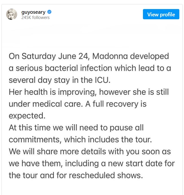 Madonna Gets Hospitalized; Singer's Celebration Tour Postponed 2 Madonna's manager Guy Oseary's Instagram post