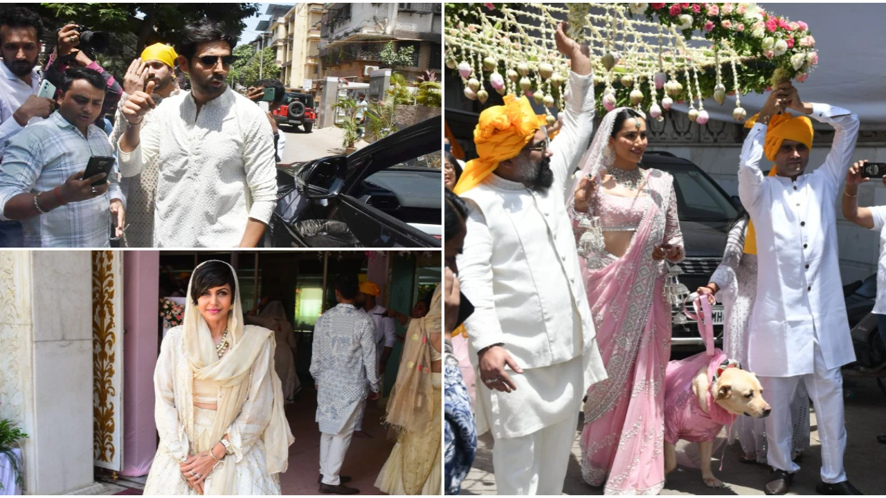 Sonnalli Seygall makes a smashing bridal entry with her pet dog; Kartik Aaryan, Mandira Bedi and others arrive in style