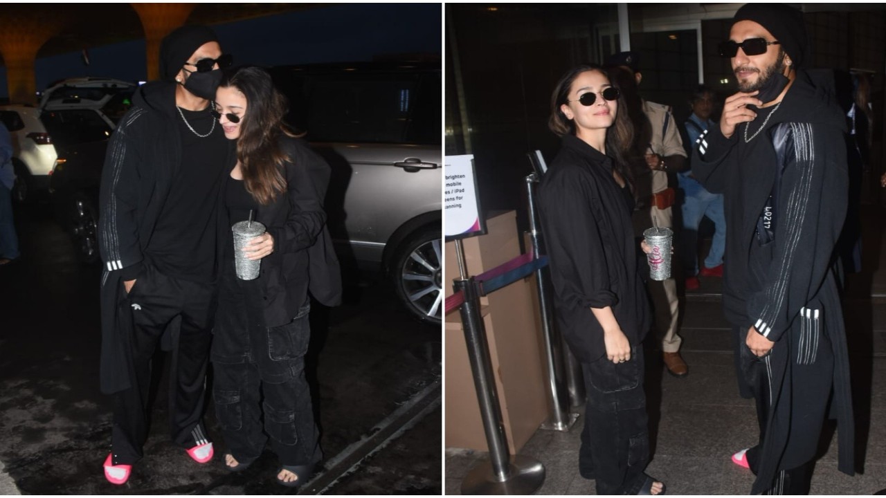 Actors Ranveer Singh and Alia Bhatt twin in black zoom off to launch Dhindhora Baje Re in Kolkata.