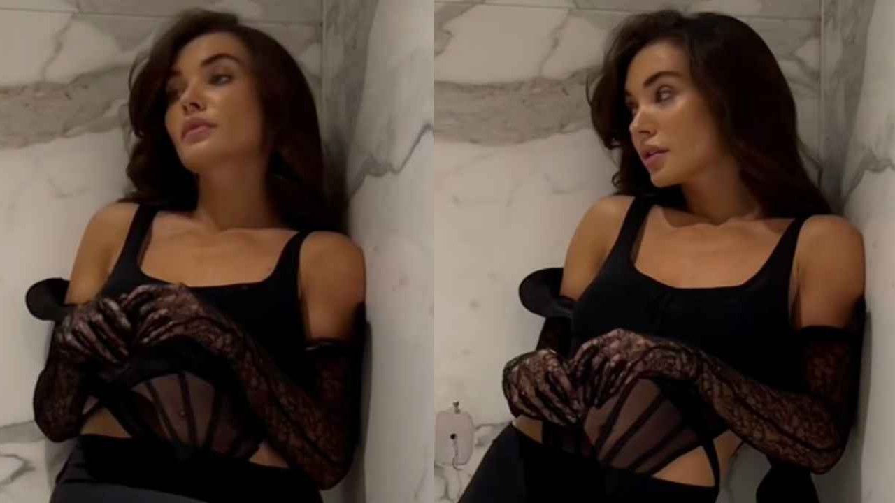 Amy Jackson pairs black sheer bodysuit with pants and lace gloves by fashion  designer David Koma | PINKVILLA