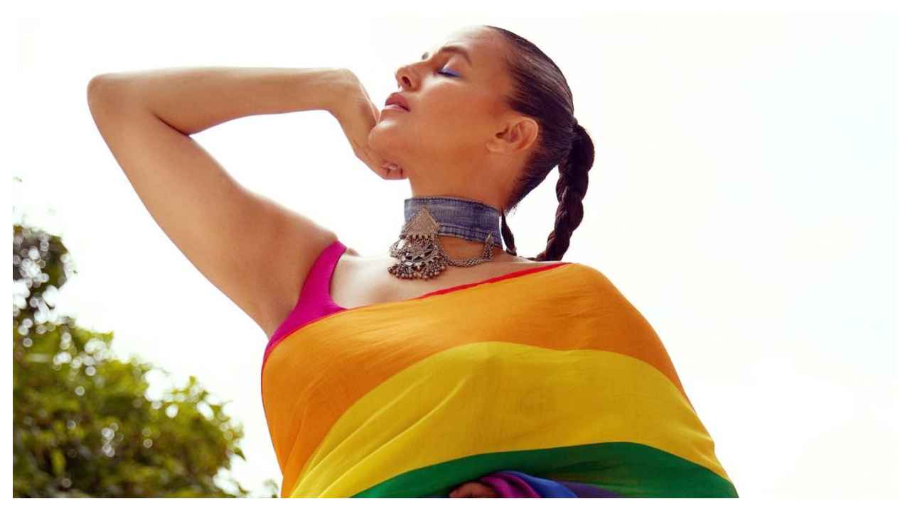 Neha Dhupia celebrates love and pride in beautiful, affordable rainbow saree  from Suta | PINKVILLA