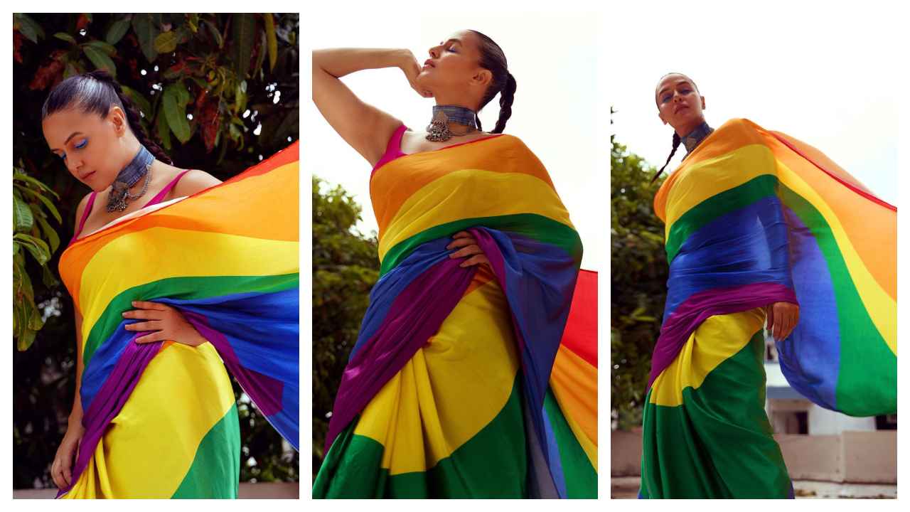 Neha Dhupia celebrates love and pride in beautiful, affordable rainbow saree  from Suta | PINKVILLA