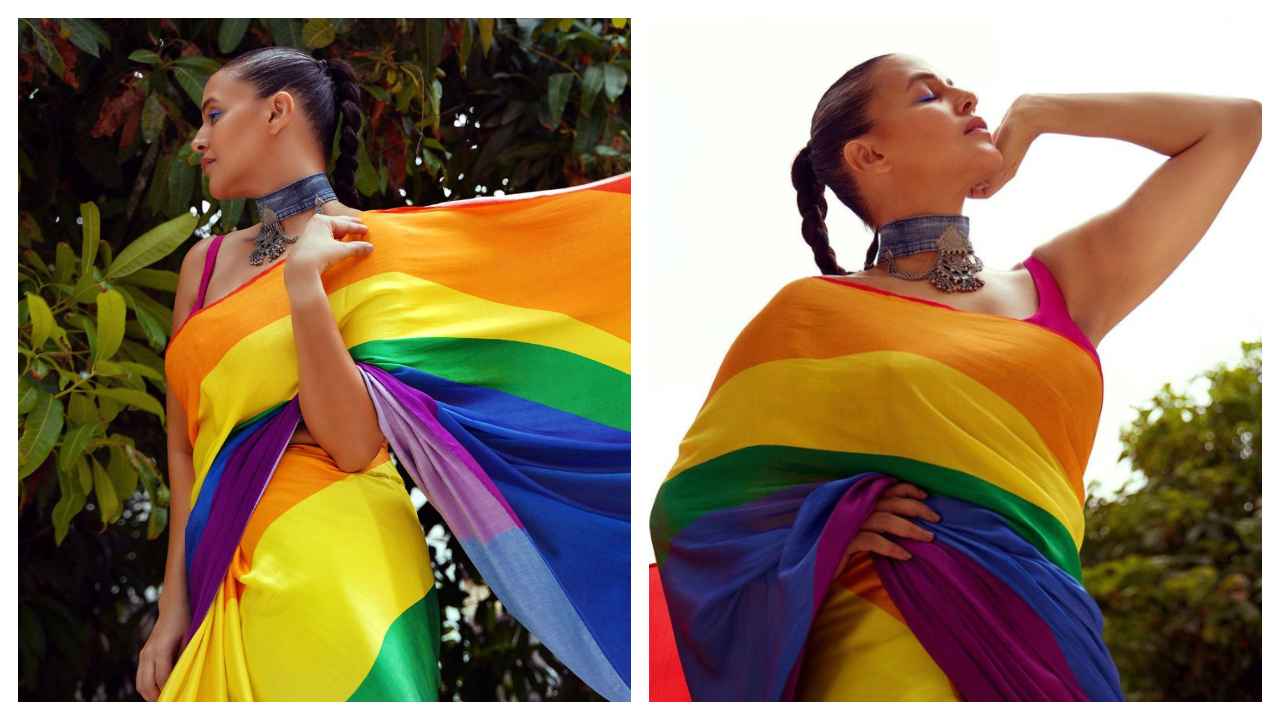 Neha Dhupia celebrates love and pride in beautiful, affordable rainbow saree  from Suta | PINKVILLA