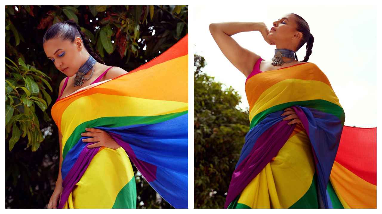 Neha Dhupia celebrates love and pride in beautiful, affordable rainbow saree  from Suta | PINKVILLA