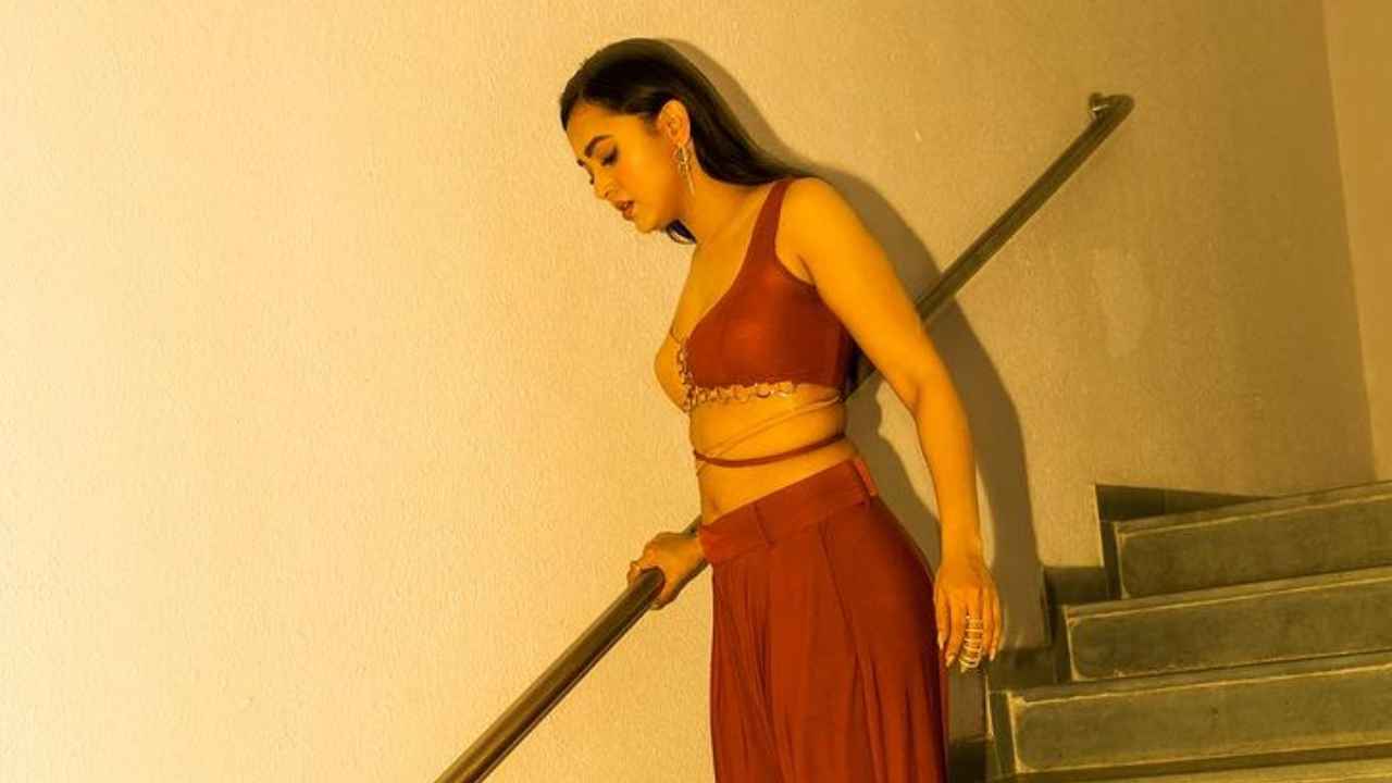 Tejasswi Prakash is a sight to behold in tan crop top, pant co-ord set by Dimple  Belani-Thadani for night out | PINKVILLA