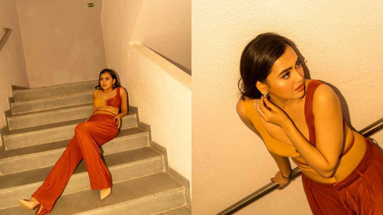 Tejasswi Prakash is a sight to behold in tan crop top, pant co-ord set by Dimple  Belani-Thadani for night out | PINKVILLA