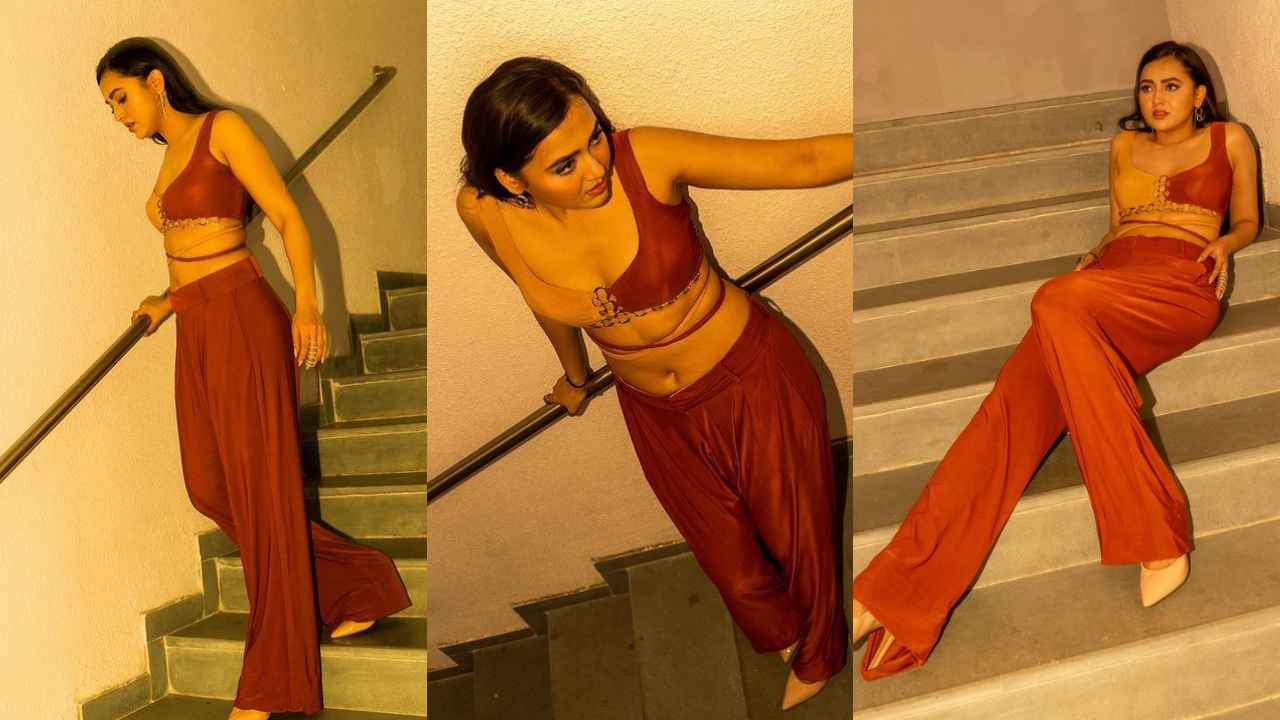 Tejasswi Prakash is a sight to behold in tan crop top, pant co-ord set by Dimple  Belani-Thadani for night out | PINKVILLA