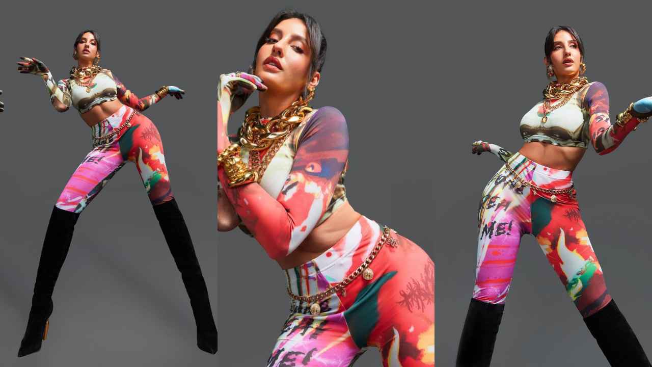 Nora Fatehi embodies art-meets-fashion mood with a colorful co-ord set from Heuman and thigh-high boots | PINKVILLA