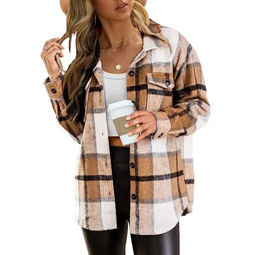 Gihuo Women's Casual Plaid Cropped Shacket Long Sleeve Button Down Short  Flannel Jacket Coat