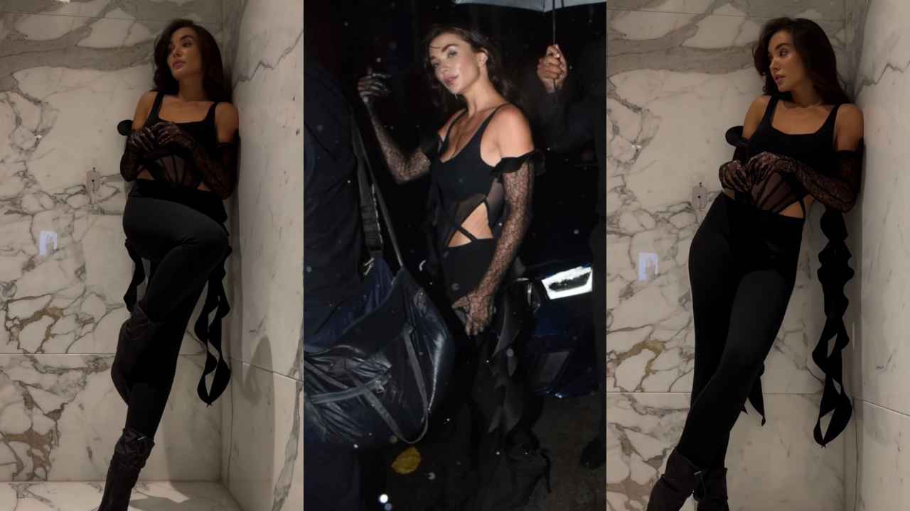 Amy Jackson pairs black sheer bodysuit with pants and lace gloves by fashion  designer David Koma | PINKVILLA