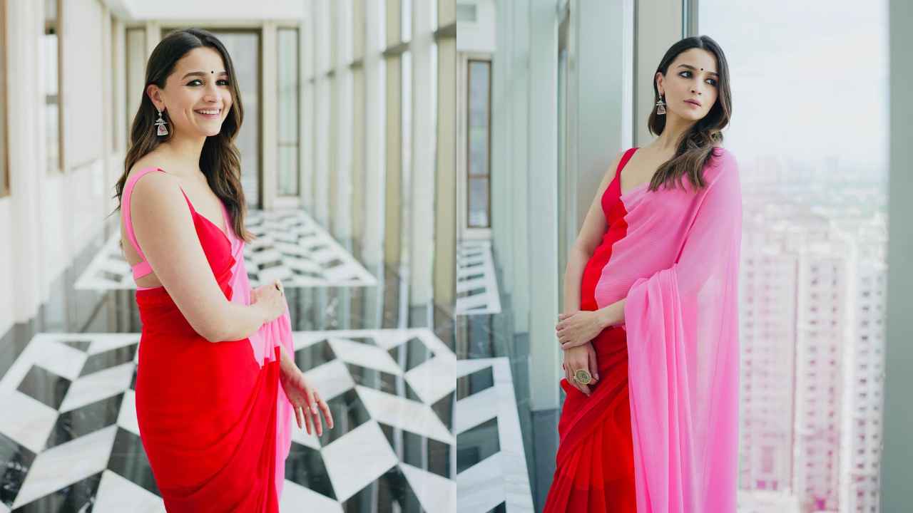 Alia Bhatt's candy-toned Manish Malhotra saree has a look of-the-moment, its  blouse with a plunging neckline | PINKVILLA