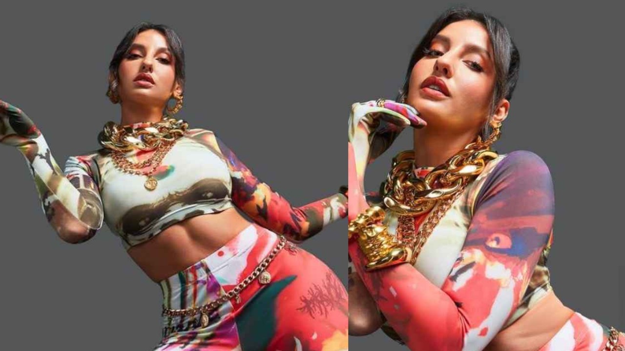 Nora Fatehi embodies art-meets-fashion mood with a colorful co-ord set from Heuman and thigh-high boots | PINKVILLA