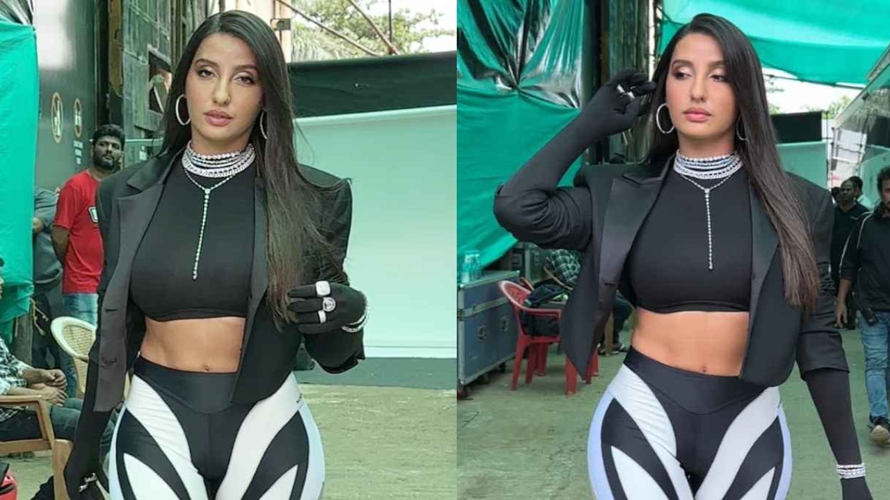 Nora Fatehi dons fashion-forward outfit with shorts and blazer, perfect for modern woman on the go nora-fatehi-hip=hop-india-shorts-iced-out-accessories-formal-blazer-style-fashion