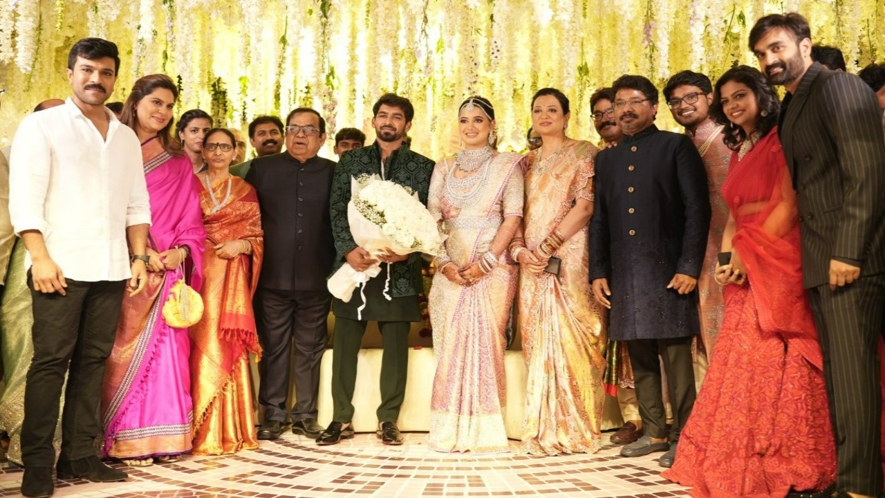 Ram Charan and Upasana Konidela and Brahmanandam's son's wedding reception (Credits: Pinkvilla) Ram Charan, Upasana Konidela, Brahmanandam