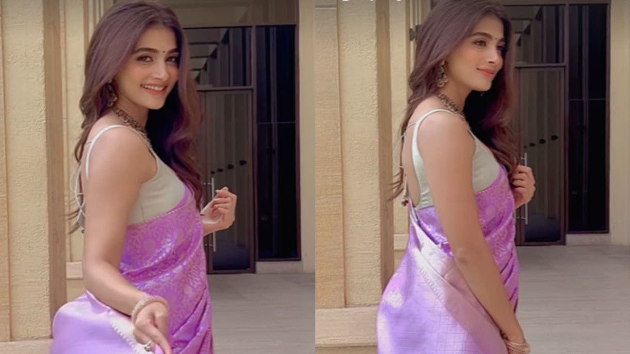 Pooja Hegde's lavender Banarasi saree with strappy blouse is a must-have for any bridal trousseau (PC: Pooja Hegde Instagram)