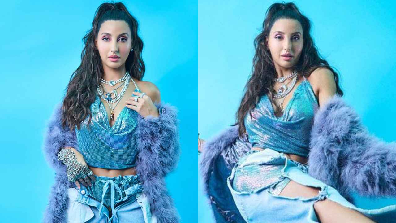 Nora Fatehi resembles modern princess Jasmine in blue fur coat with cowl-neck  halter top and denim jeans | PINKVILLA