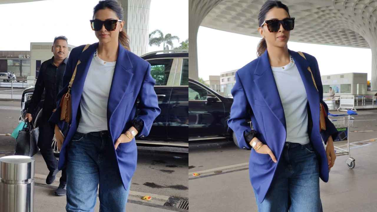 Deepika Padukone pairs LV x YK Dauphine MM bag worth Rs. 3.55 lacs with  blazer, baggy jeans for airport look