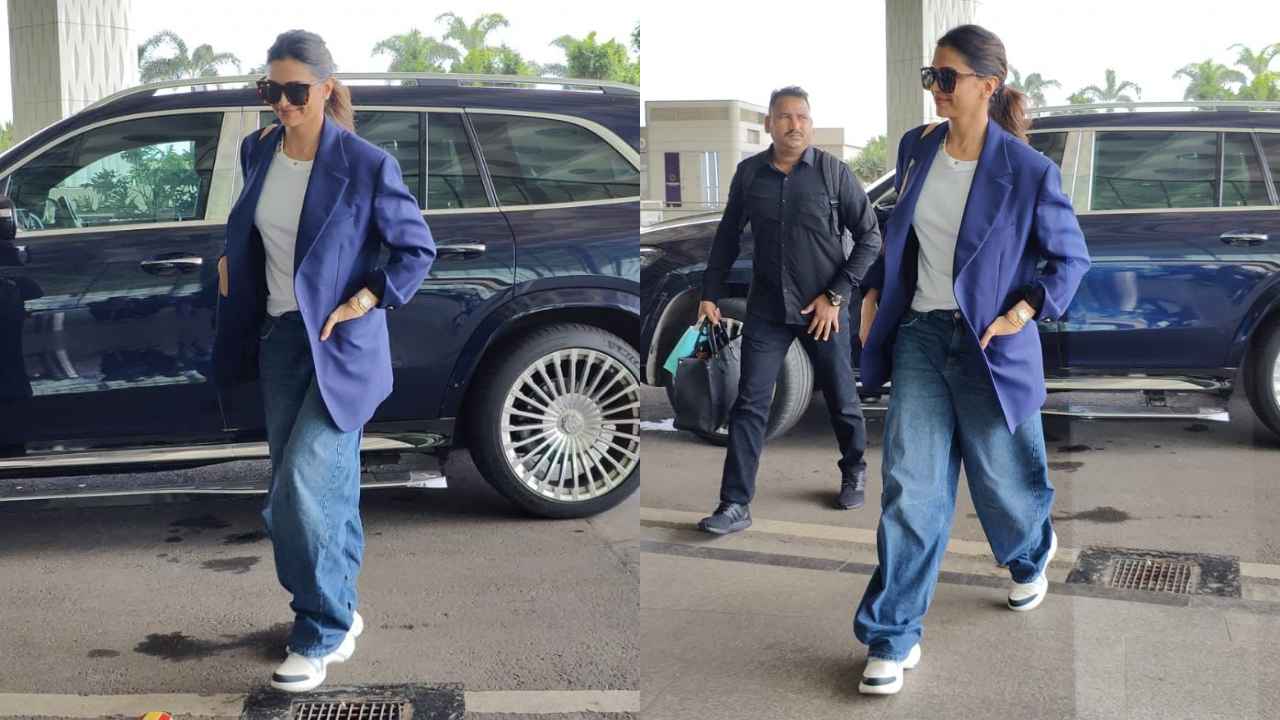 Deepika Padukone pairs LV x YK Dauphine MM bag worth Rs. 3.55 lacs with  blazer, baggy jeans for airport look | PINKVILLA