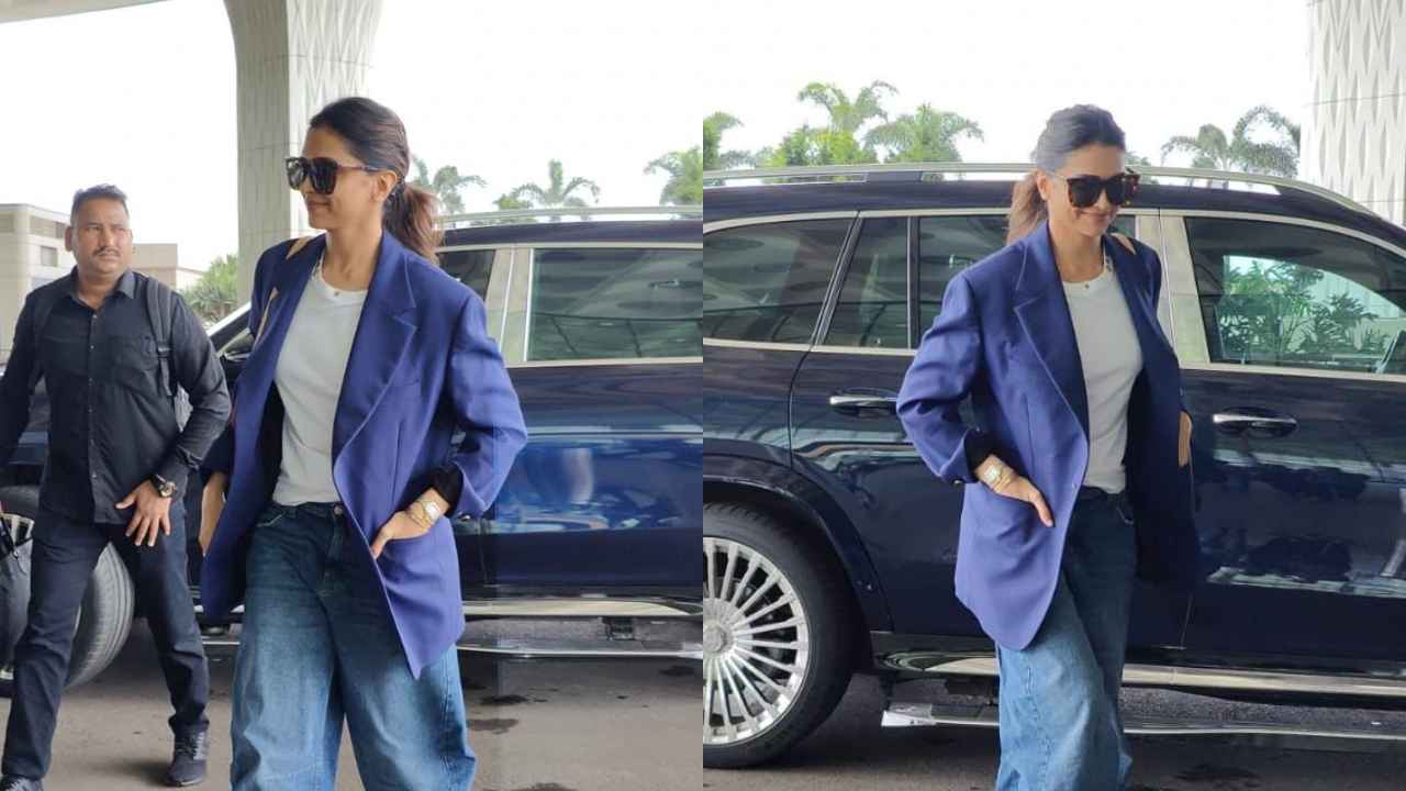Deepika Padukone pairs LV x YK Dauphine MM bag worth Rs. 3.55 lacs with  blazer, baggy jeans for airport look | PINKVILLA