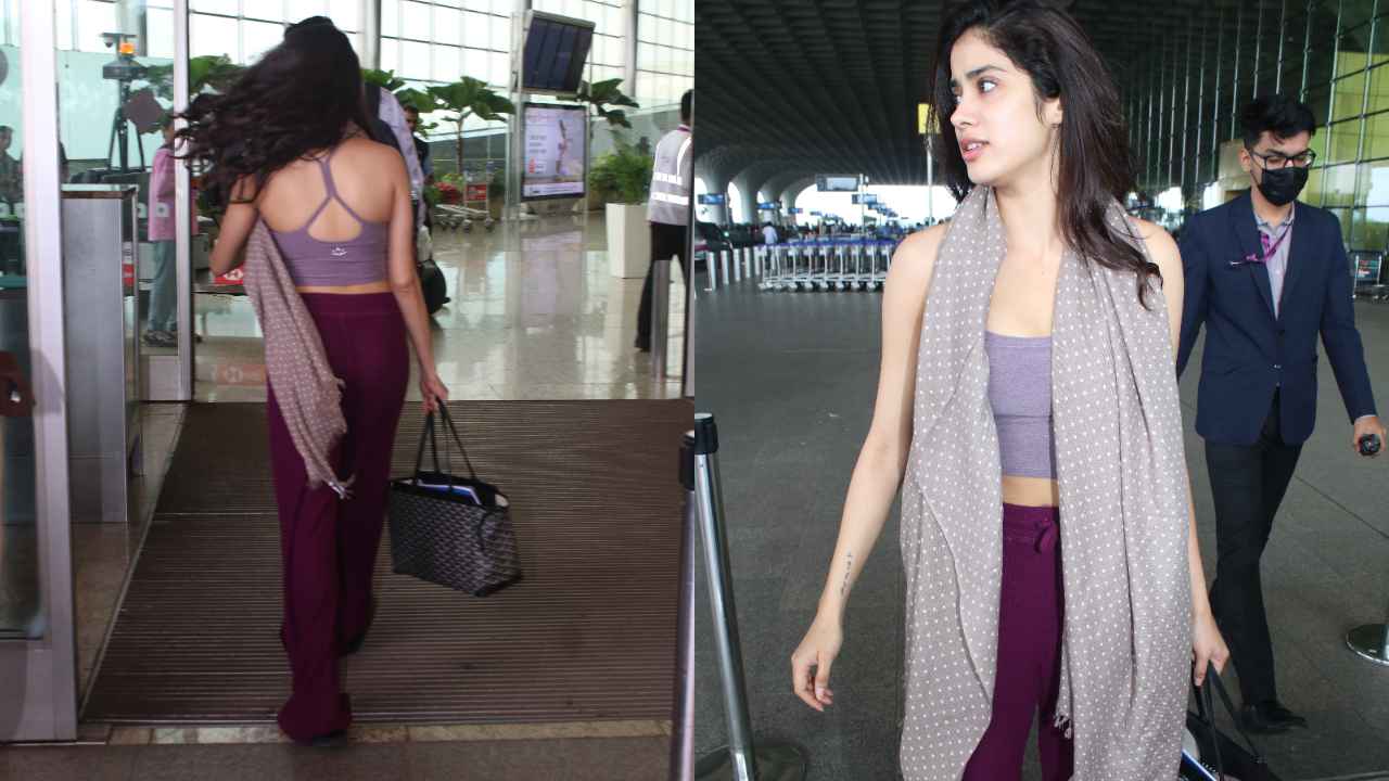 Airport Elegance: Janhvi Kapoor wears track pants and crop top with scarf  and Rs. 1.9 Lacs Goyard tote bag | PINKVILLA