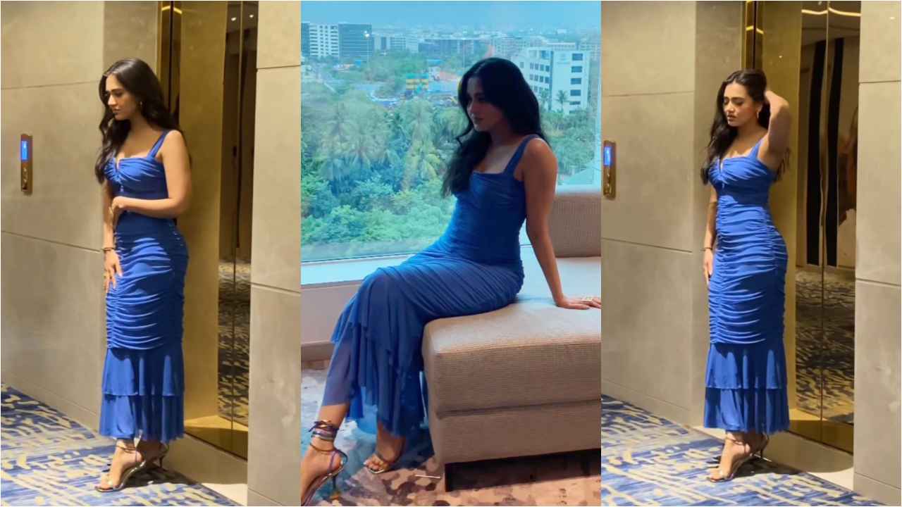Tejasswi Prakash beating the blues in ruched maxi dress with plunging  neckline, frilly edges by Kejal K | PINKVILLA
