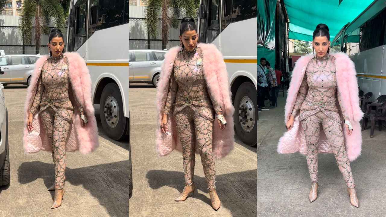 Nora Fatehi looks enchanting in baby pink blingy bodysuit with matching fur coat, and statement accessories | PINKVILLA