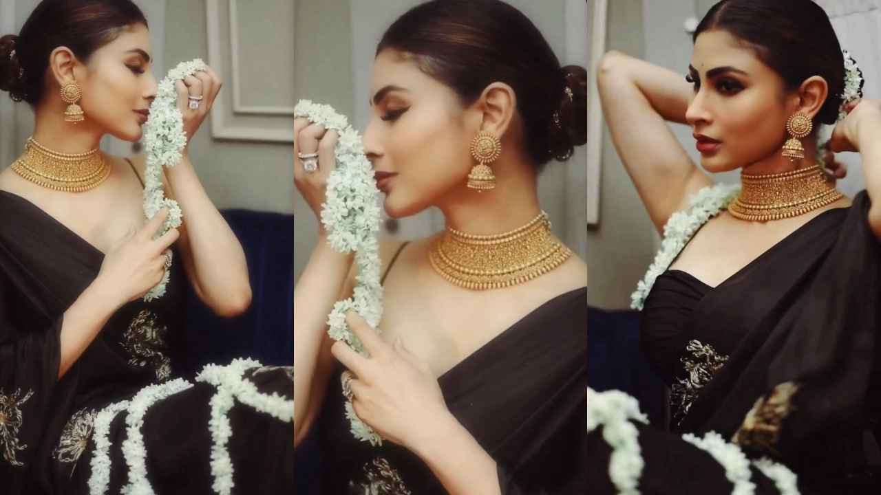 Mouni Roy aces the ethnic game in timeless black saree with plunging neckline, gold jewelry, and classy gajra | PINKVILLA