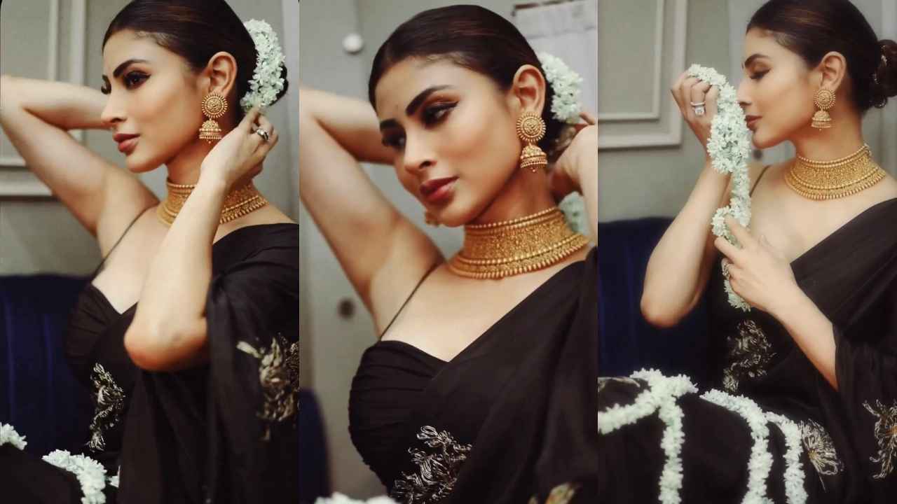Mouni Roy aces the ethnic game in timeless black saree with plunging neckline, gold jewelry, and classy gajra | PINKVILLA