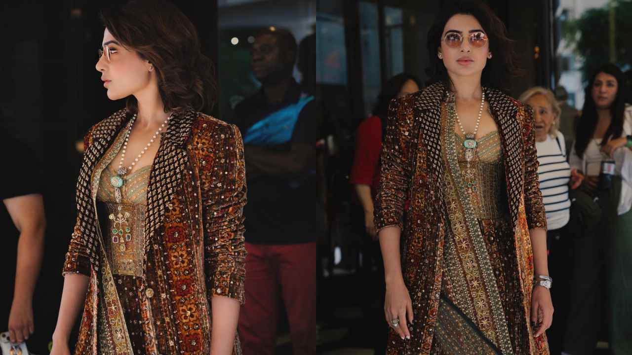 Samantha Ruth Prabhu owns Ritu Kumar's unconventional fusion fit with embroidered  jacket, corset, flared pants | PINKVILLA