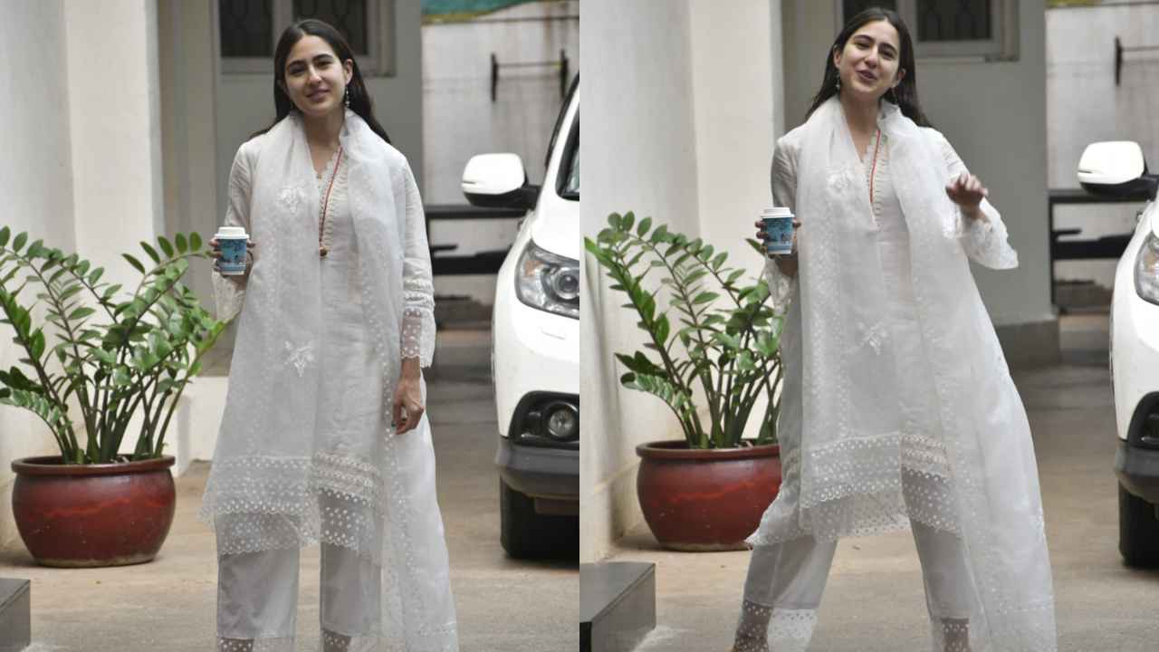 Sara Ali Khan aces the all-white vibe in asymmetrical chanderi kurta, pants,  and organza dupatta with juttis | PINKVILLA