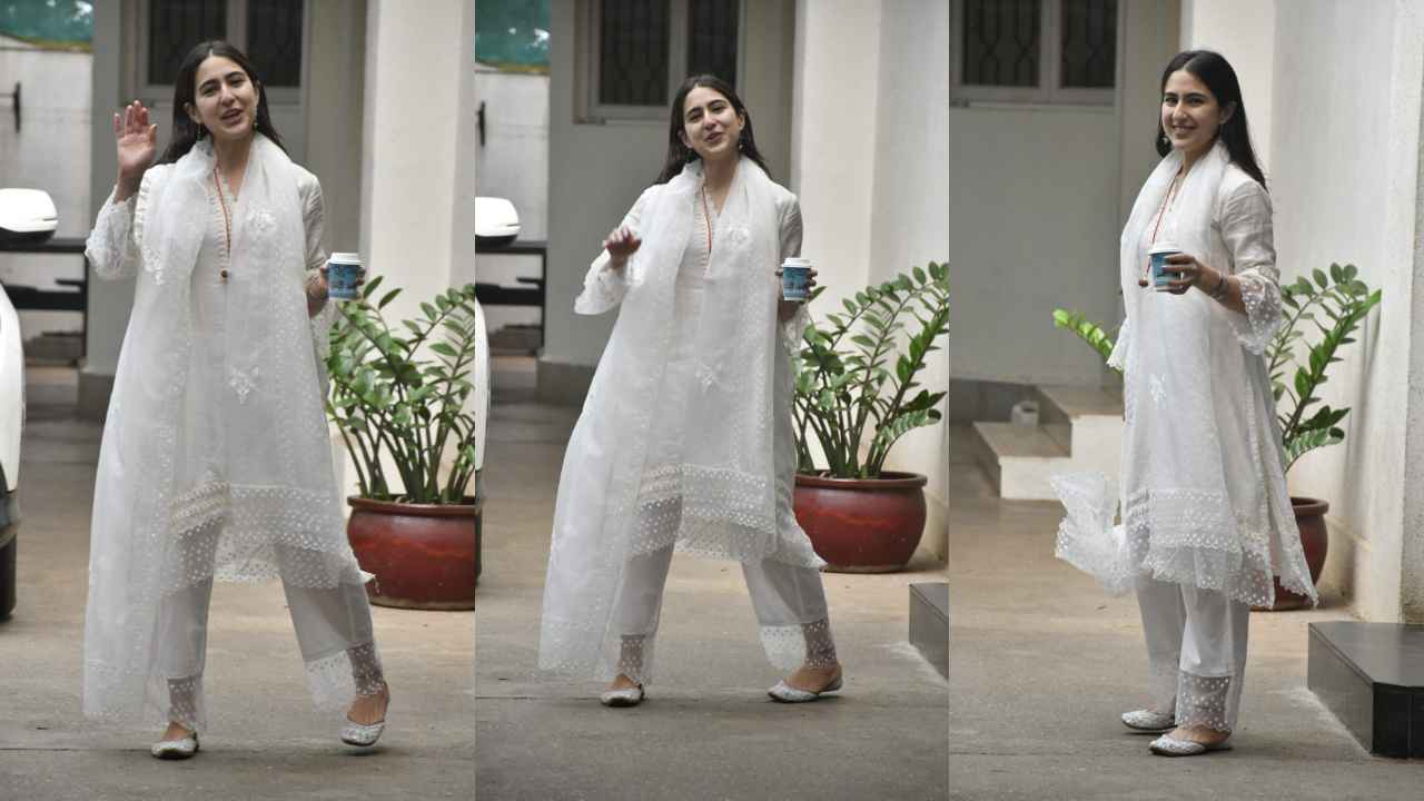 Sara Ali Khan aces the all-white vibe in asymmetrical chanderi kurta, pants,  and organza dupatta with juttis | PINKVILLA